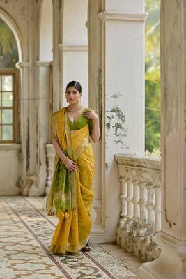 Yellow raw silk blend c wevon ikat ceremonial saree 5