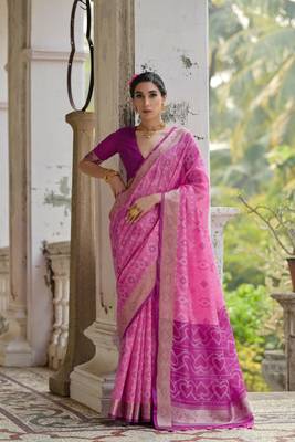 Pink raw silk blend c wevon ikat ceremonial saree 1