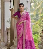 Pink raw silk blend c wevon ikat ceremonial saree