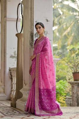 Pink raw silk blend c wevon ikat ceremonial saree 2