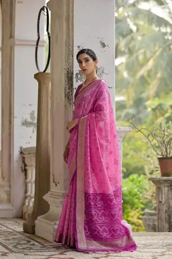 Pink raw silk blend c wevon ikat ceremonial saree