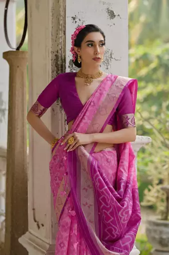 Pink raw silk blend c wevon ikat ceremonial saree