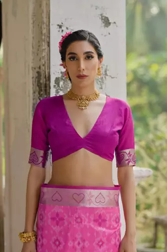 Pink raw silk blend c wevon ikat ceremonial saree