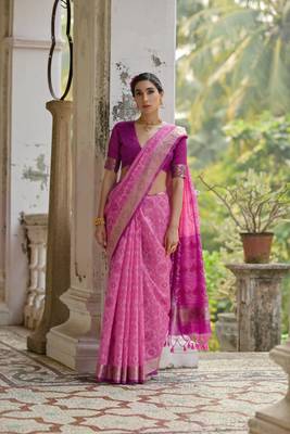 Pink raw silk blend c wevon ikat ceremonial saree 5