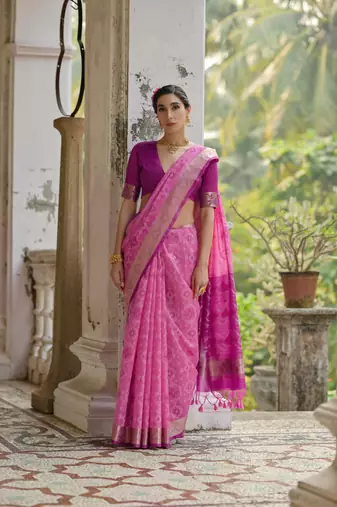 Pink raw silk blend c wevon ikat ceremonial saree
