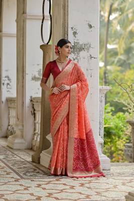 Rust raw silk blend c wevon ikat ceremonial saree 1