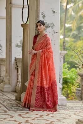 Rust raw silk blend c wevon ikat ceremonial saree 2