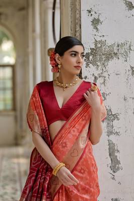 Rust raw silk blend c wevon ikat ceremonial saree 3