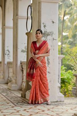 Rust raw silk blend c wevon ikat ceremonial saree 5