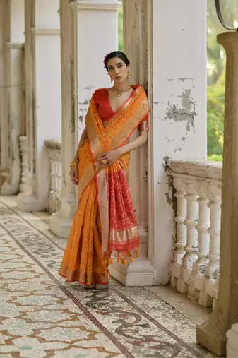 Mustard raw silk blend c wevon ikat ceremonial saree