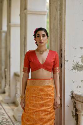 Mustard raw silk blend c wevon ikat ceremonial saree 4