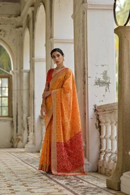 Mustard raw silk blend c wevon ikat ceremonial saree 5
