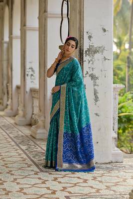 Teal raw silk blend c wevon ikat ceremonial saree 2