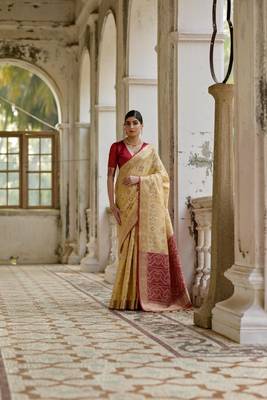 Beige raw silk blend c wevon ikat ceremonial saree 1
