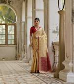 Beige raw silk blend c wevon ikat ceremonial saree