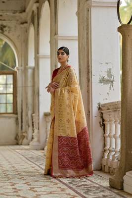 Beige raw silk blend c wevon ikat ceremonial saree 2