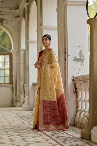 Beige raw silk blend c wevon ikat ceremonial saree