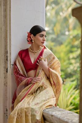 Beige raw silk blend c wevon ikat ceremonial saree 3