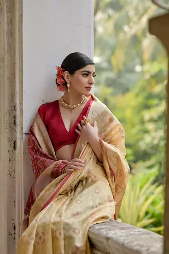 Beige raw silk blend c wevon ikat ceremonial saree