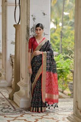 Black raw silk blend c wevon ikat ceremonial saree 1