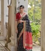 Black raw silk blend c wevon ikat designer ceremonial saree