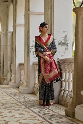Black raw silk blend c wevon ikat ceremonial saree 2