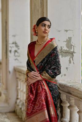 Black raw silk blend c wevon ikat ceremonial saree 3