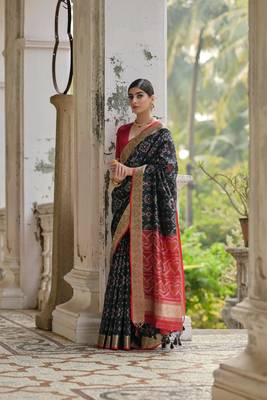 Black raw silk blend c wevon ikat ceremonial saree 5
