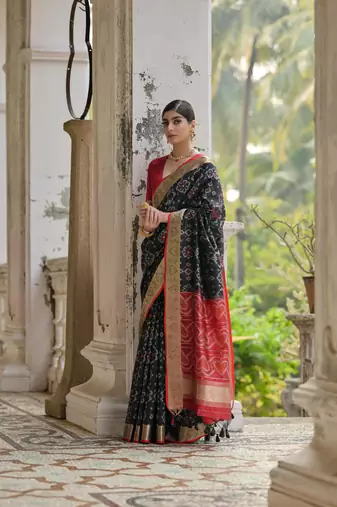 Black raw silk blend c wevon ikat ceremonial saree