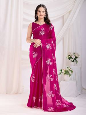 Dark pink jimmi choo c sequins embroidery work ethnic party saree 1