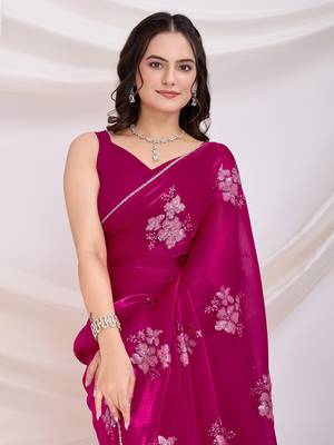 Dark pink jimmi choo c sequins embroidery work ethnic party saree 3
