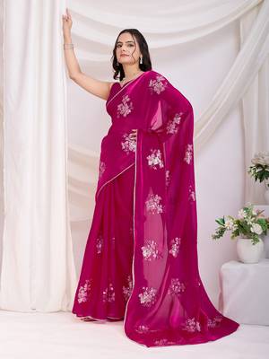 Dark pink jimmi choo c sequins embroidery work ethnic party saree 5