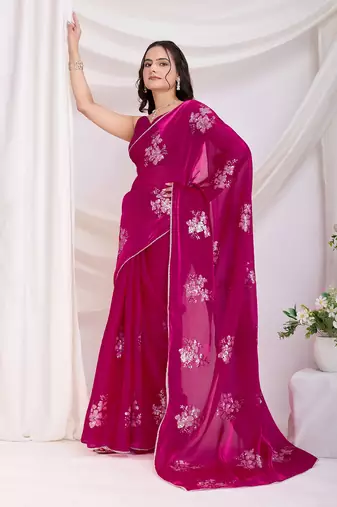 Dark pink jimmi choo c sequins embroidery work ethnic party saree