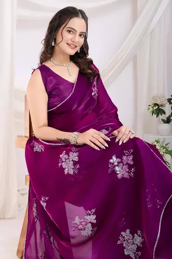 Purple jimmi choo c sequins embroidery work ethnic party saree