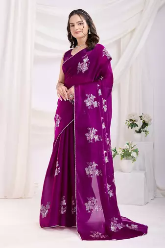 Purple jimmi choo c sequins embroidery work ethnic party saree