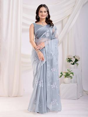 Grey jimmi choo c sequins embroidery work ethnic party saree 1