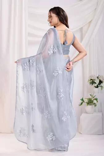 Grey jimmi choo c sequins embroidery work ethnic party saree