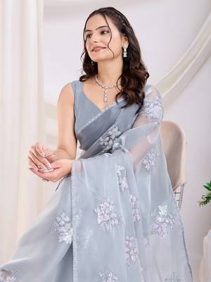 Grey jimmi choo c sequins embroidery work ethnic party saree 3