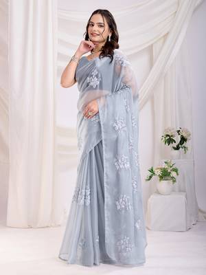 Grey jimmi choo c sequins embroidery work ethnic party saree 5