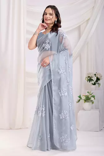 Grey jimmi choo c sequins embroidery work ethnic party saree