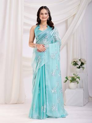 Sea green jimmi choo c sequins embroidery work ethnic party saree 1