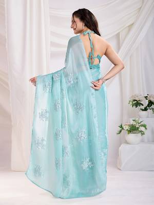 Sea green jimmi choo c sequins embroidery work ethnic party saree 2