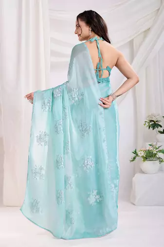 Sea green jimmi choo c sequins embroidery work ethnic party saree