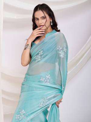 Sea green jimmi choo c sequins embroidery work ethnic party saree 3