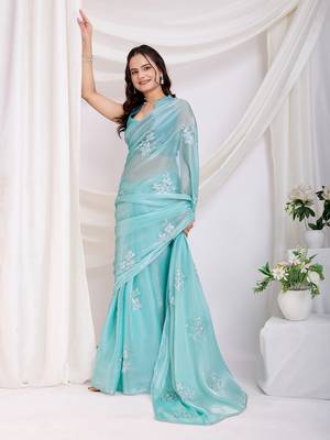 Sea green jimmi choo c sequins embroidery work ethnic party saree 5