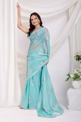 Sea green jimmi choo c sequins embroidery work ethnic party saree