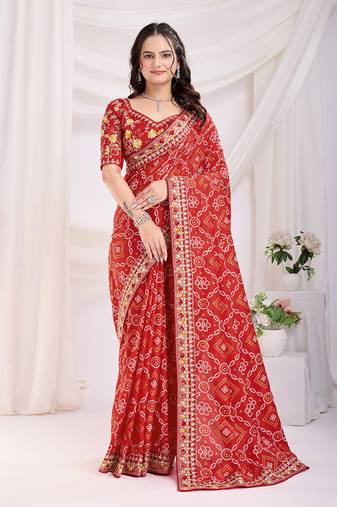 Maroon bandhani printed with embroidery work ceremonial saree