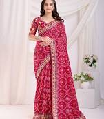 Red bandhani printed with embroidery work ceremonial saree