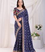 Blue bandhani printed with embroidery work ceremonial saree