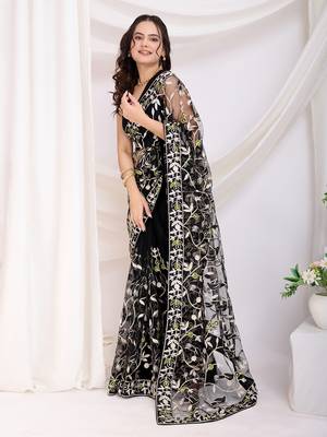 Black soft net c thread embroidery work girlie partywear saree 5